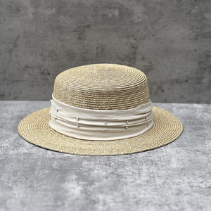 日本款细麦草编珍珠褶皱布装饰平顶草帽女夏季防晒遮阳帽沙滩帽子