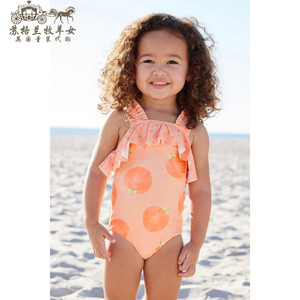 英国Next童装代购 女童女婴24新款 橙色桃子荷叶边吊带连体游泳衣