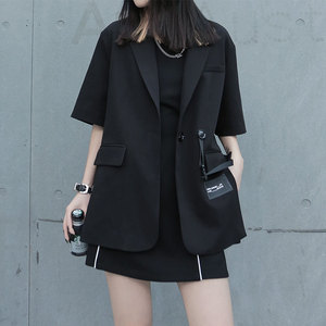 m家潮牌原创夏季西装外套黑色短袖小西服女酷酷风格女装街头帅气