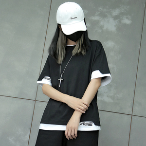 m家潮牌新款夏宽松假两件黑白t恤短袖女酷酷风格女装中性衣服帅气