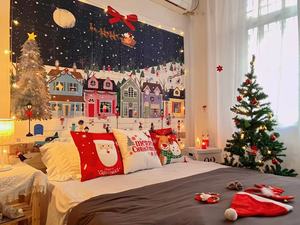 外贸出口 冬日雪地街卡片圣诞节挂布节日民宿卧室客厅装饰背景布1