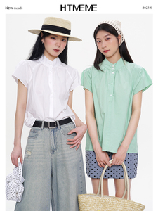 花田橱窗HTmeme 薄荷奶绿~韩版设计感立领短袖衬衫女夏季新款上衣
