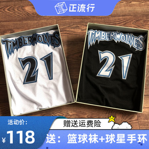 全刺绣 森林狼队21号狼王加内特球衣黑白色复古篮球服运动背心潮