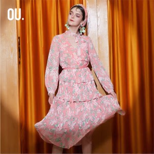 ou.欧点1201133035春款长袖连衣裙雪纺印花v领蛋糕