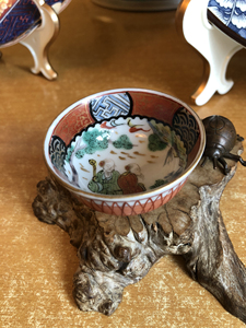 日本回流 九谷烧 老九谷庄三 内绘高砂夫妇 茶杯 酒杯