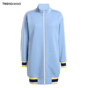 trendiano欧时力女装春装运动风条纹高领长款卫衣外套