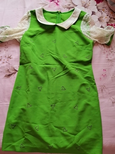 纳纹 果绿色刺绣连衣裙，蕾丝袖，雪纺领子，165/88A，不