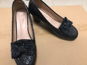 千佰莉2019夏款浅口百搭粗跟真皮女鞋41码大码鳄鱼皮女鞋