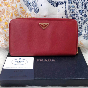 未使用【99新】PRADA/普拉达女士红色牛皮拉链钱包手拿包卡包