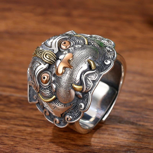 貔貅戒指男潮开口复古925纯银男士指环招财个性饕餮纹单身戒
