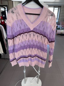 可可尼 拼接镂空毛衣。羊毛加海马毛。粉色拼紫色 2码 全新