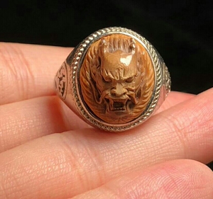 jinming1234567890淘宝老猛犸牙银戒指回流猛犸牙雕刻戒面后配925银