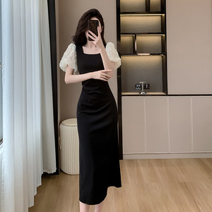 品牌cosplay法式时尚修身显瘦欧根纱泡泡袖拼接黑色连衣裙新款裙