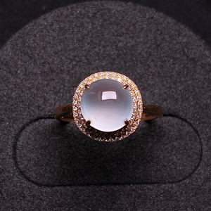 高冰种天然翡翠白冰蛋面18k金镶嵌玉戒指正品恒得利珠宝女戒