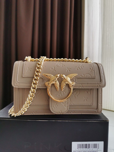 全新pinko燕子包品高 2020年新款压花小号金色链条奶茶