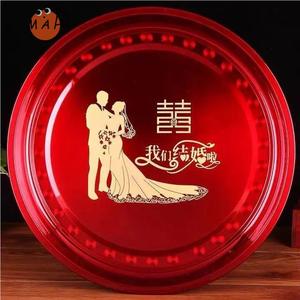 不锈钢结婚果盘茶盘红色圆形中式红喜盘新娘敬茶盘糖果盘婚庆用品