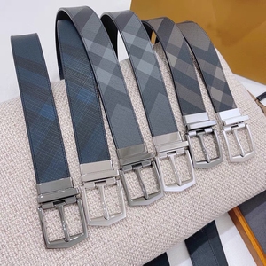 欧巴宝莉纯色皮带男头层牛皮针扣格纹裤带女青年商务休闲双面腰带
