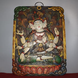 藏区收楠木漆器彩绘唐卡【八臂文殊菩萨】老漆器唐卡挂件收藏