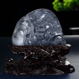 省级玉雕大师乔鑫作新疆和田玉青花籽料山水阁楼书房大摆件610克