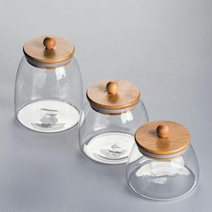 透明玻璃杂粮储物罐竹木盖高硼硅玻璃密封罐圆形木珠三角茶叶罐子