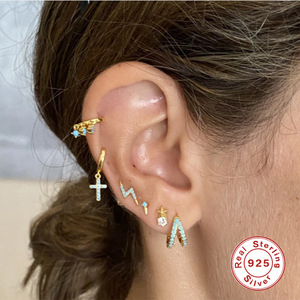 S松95流女银双交纯钻排耳环镶钻锆叉石圈绿石耳扣款2耳个性潮耳饰