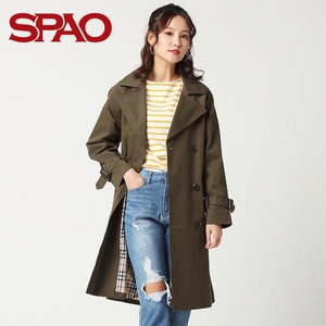 SPAO女式风衣韩版中长款修身显瘦纯色外套/军绿色/S码
