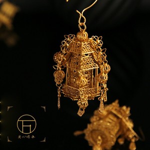 万宝德银镀金故宫花丝镶嵌古风古廷复古宫灯耳坠耳环耳饰925银