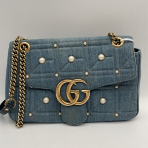 98新gucci古驰marmont马蒙30牛仔珍珠帆布单肩斜挎女包