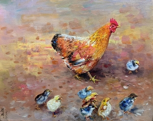 画家梁峰风歌本人原作孤品布面油画《母鸡和小鸡》纯手绘精品原作