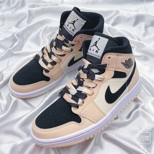 适配欧阳娜娜同款aj1珍珠奶茶女款粉白黑nike拼接空军一号潮鞋带