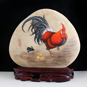 纯手绘花鸟作品大公鸡石头画五德鸡雄鸡艺术品摆件十二生肖鸡礼品