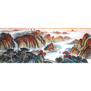 可合影 李国富 1米8《蒸蒸日上》手绘写意太阳日出红色山水画挂画