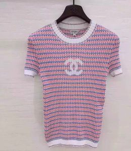 chanel香奈儿正品拼色条纹淡粉色logo短袖针织衫女上衣