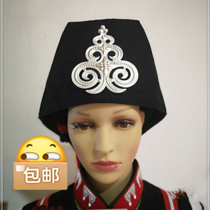 四川凉山彝族女帽子三角帽仿银花片简约民族风特色彝族头饰帽子头