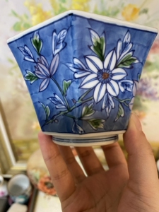 日本有田烧源右卫门手绘葵口小方杯,直径10,高7,有五个,全