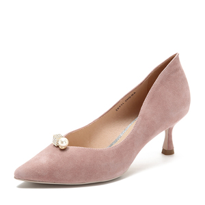 粉色tata羊绒皮革尖头细高跟6cm浅口单鞋女皮鞋婚鞋伴娘鞋
