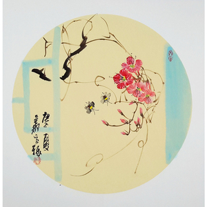 《花鸟》手绘圆形卡纸写意花鸟画桃花卧室小品装饰拍卖