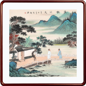 张冲《溪桥访友》傅抱石再传弟子 客厅办公室手绘工笔山水画斗方