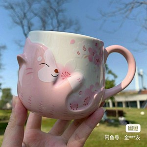 （全新包邮出）星巴克樱花季粉樱萌猫马克杯猫咪拥樱款杯子