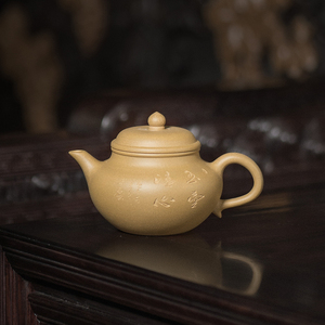 精美刻字段泥秋水壶匠人谭青手工制230cc宜兴紫砂实用闪拍茶壶