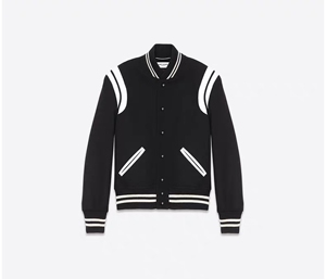 ysl/圣罗兰 男士teddy黑色羊毛拼接白色皮革棒球夹克