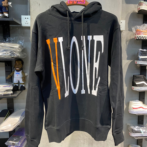vlone黑橙白橙字母连帽卫衣带下摆礼高版