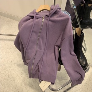 【品名】紫色卫衣女潮春秋新款韩版开衫休闲薄款连帽拉链外套女