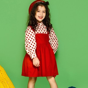 杰拉童装女童背带裙套装2023秋装新款儿童韩版红色波点衬衫两件套