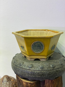 日本美功手工花盆 六边鹤标釉盆 老盆