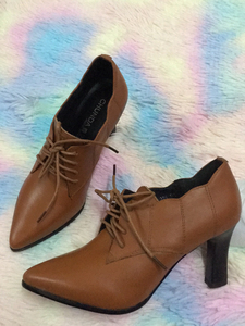 全新35码春达真皮女鞋秋冬新款牛皮系带高跟鞋尖头女士皮鞋