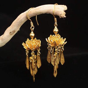 步步生莲荷花耳坠925银镀金手工花丝古代古装耳环汉服中国风民