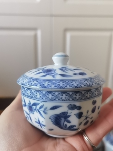 橘吉青花盖杯 日本回流瓷器 平安橘吉 花草纹 内绘鱼纹 盖杯