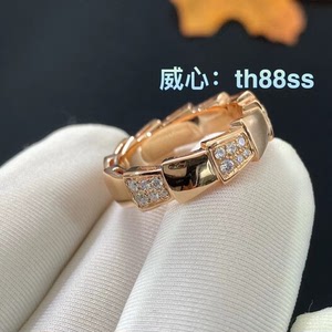 宝格丽戒指18k玫瑰金蛇形蛇骨宽版镶钻男女情侣指环