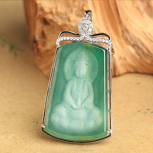 精品拍卖天然翡翠a货老坑冰种阴雕银镶观音菩萨玉吊坠挂件6.62g